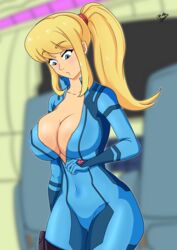 bangs blonde_hair blush bodysuit breasts cleavage gloves going_commando hair_tie holster metroid no_bra ponytail samus_aran tight_clothing undressing unzipped_bodysuit unzipped_zero_suit unzipping zero_suit zero_suit_samus zipper