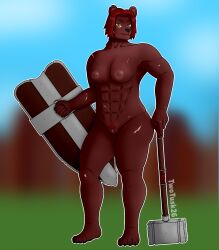 anthro armpit_hair bear black_nose body_hair breasts brown_body brown_fur claws female fur genitals hair hammer hi_res mammal muscular muscular_female pubes red_hair scar shield solo toe_claws tools twotusk vulva yellow_eyes
