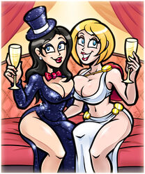 2girls bare_hips bare_legs bare_thighs big_breasts black_hair blonde_hair blue_eyes breasts_to_breasts cleavage dc hooksnfangs kara_zor-l karen_starr long_hair looking_at_viewer no_panties power_girl red_lipstick revealing_clothes short_hair smooth_skin tagme thighs tight_clothing zatanna zatanna_zatara