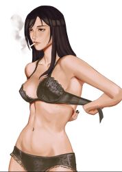 1girls black_bra black_hair black_panties bra brown-haired_female brown_hair cigarette clothing female female_only jujutsu_kaisen lacy lacy_bra long_hair matching_underwear midriff pale-skinned_female panties petite_female shoko_ieiri small_breasts smoking smoking_cigarette stllrchld taking_off_bra