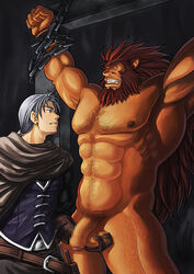 ball_fondling beard bondage caineghis_(fire_emblem) chain chained chains clothed_on_nude fire_emblem fire_emblem:_path_of_radiance fire_emblem:_radiant_dawn fire_emblem:_the_sacred_stones gay hairy hairy_chest hairy_legs hairy_male handjob male male_only red_hair rennac_(fire_emblem) zelo-lee