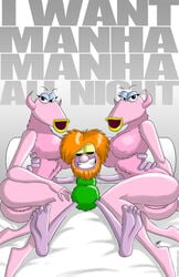 aeolus06 artist_signature bip_bippadotta female horns looking_at_viewer lying mahna_mahna male muppets on_bed pink_fur pink_skin posing snowths the_muppet_show threesome url warren_blakely