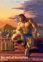 1boy artist_name bara blue_bottomwear blue_clothing blue_shorts bottomwear brown_nipples chisel clothing day english_text facial_hair fire_emblem fire_emblem:_path_of_radiance fire_emblem:_radiant_dawn front_view hammer holding_object holding_tool huge_muscles human japanese_text largo_(fire_emblem) looking_aside male male_only muscles muscular nipples nude open_fly outdoors pencil pencil_on_ear pubic_hair purple_hair saw short_hair short_shorts shorts sitting solo sunset tan_skin text tiger_tracks tool_belt tools town zelo-lee