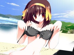 :p beach bikini breasts clothes_in_front cloud covering female female_only hair hair_ribbon human navel ribbon sky solo suzumiya_haruhi suzumiya_haruhi_no_yuuutsu swimsuit tongue tsukinon