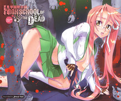 2010 2boys 2d 2girls amber_eyes artist_name bad_end bent_over big_breasts blood breasts cleavage english english_text fingerless_gloves glasses gloves gun handgun highschool_of_the_dead hotd human human_female imminent_death inazuma kneehighs large_breasts light-skinned_female light_skin luger luger_p08 nipples no_bra no_sex partial_male pink_hair pistol satou_shouji saya_takagi scared school_uniform skirt straight_hair teenage_girl teenager text tied_hair torn_clothes tsundere twintails uniform wallpaper weapon zombie