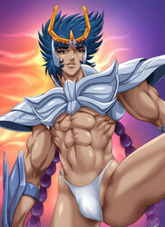 1boy abs armor armored blue_eyes blue_hair bulge forehead_protector human human_only looking_at_viewer looking_down male male_only muscle muscles muscular muscular_male pants_removed phoenix_ikki saint_seiya scar scar_across_eye scar_on_face shirt_removed shirtless six_pack solo solo_focus solo_male speedo toned toned_body toned_male underwear white_underwear