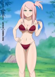 1girls abs alternate_hairstyle alternate_version_available bare_shoulders bikini bikini_bottom bikini_top blush boruto:_naruto_next_generations breasts bryaxrt cleavage clothed clothing collarbone curvy facial_mark female female_focus female_only forehead_jewel forehead_mark g-string green_eyes hand_on_hip light-skinned_female light_skin lips lipstick long_hair looking_at_viewer mature_female medium_breasts milf naruto naruto:_the_last naruto_(series) nature outdoors outside pale-skinned_female pale_skin panties perky_breasts pink_hair pink_lips pink_lipstick pinup ponytail pose posing red_bikini red_panties red_swimsuit red_thong revealing_clothes sakura_haruno short_ponytail shounen_jump side_ponytail sideboob smile smiling solo solo_female solo_focus standing swimsuit thong tied_hair toned toned_female underboob voluptuous wide_hips