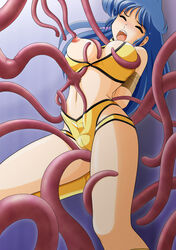 1girls 2008 blue_hair blush breasts closed_eyes curvaceous dirty_pair eikyu_otama female hair human large_breasts light-skinned_female light_skin long_hair nipples open_mouth teeth tentacles yuri_(dirty_pair)