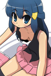 1girl blue_eyes blue_hair blush breasts dawn_(pokemon) downblouse female female_only human long_hair looking_at_viewer microskirt nintendo nipple_slip nipples no_bra pokemon pokemon_dppt skirt solo thighhighs yonayo