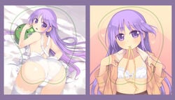 arched_back ass ass_up blush bottomless bra crossdressing femboy girly happiness happiness! highres jun_watarase kashiwamochi_yomogi lingerie long_hair male_only mouth_hold naked_apron nearly_naked_apron open_clothes open_mouth open_shirt panties purple_eyes purple_hair school_uniform shirt thighhighs top-down_bottom-up trap underwear undressing watarase_jun white_legwear white_panties white_thighhighs