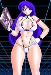 1girls 2007 blue_hair breasts curvaceous dirty_pair female gun hair human large_breasts long_hair looking_at_viewer nipples okamoto_fujio pale-skinned_female pale_skin solo thick_thighs weapon wide_hips yuri_(dirty_pair)