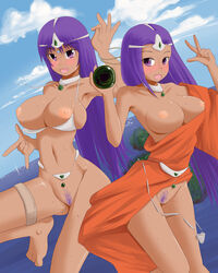 bancha bikini_armor blush clothing dark-skinned_female dark_skin dragon_quest dragon_quest_iv dress female large_breasts maya_mahabala medium_breasts meena_mahabala pubic_hair purple_hair sisters tagme twins