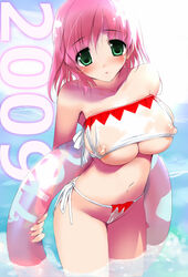 bare_shoulders beach bikini breasts erect_nipples female female_only final_fantasy final_fantasy_five final_fantasy_v green_eyes hima human innertube large_breasts lenna_charlotte_tycoon pink_hair see-through short_hair side-tie_bikini solo swimsuit underboob water white_mage