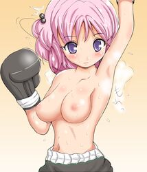 1girls black_boxing_gloves black_gloves black_shorts blush boxing boxing_gloves boxing_shorts breasts eyebrows_visible_through_hair female female_only gloves light-skinned_female light_skin medium_breasts momo_velia_deviluke nipples pink_hair purple_eyes solo sweat to_love-ru topless