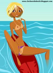 1girls accurate_art_style barefoot beach bikini_bottom bikini_bottom_aside bikini_bottom_only bikini_tan blonde_hair breasts clockwork_(artist) cute female female_only fin_mccloud gemlord inviting_to_sex lipstick navel nipples ocean public purple_bikini_bottom pussy short_hair solo stoked surfboard tanline topless water