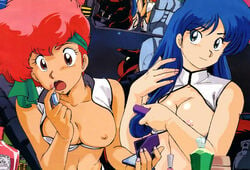 2girls 80s blue_hair breasts dirty_pair dokite_tsukasa edit female hair kei_(dirty_pair) mughi multiple_girls nipples nude_filter official_art yuri_(dirty_pair)