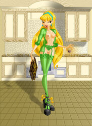 1girls amber_eyes artist_request blonde_hair book bottomless breasts earrings exposed_breasts eyeshadow fairy_princess female garter_belt green_shirt high_heels hoop_earrings human lingerie lipstick long_hair looking_down magic makeup mascara no_bra no_panties open_clothes open_shirt princess princess_stella pussy rainbow_(animation_studio) shirt solo standing stella_(winx_club) stockings thighhighs thin_waist topless wine_glass winx_club