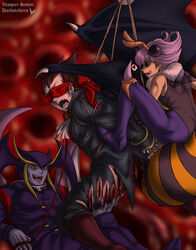 1girls 2boys anal bisexual blindfold blood bondage bossy brown_hair capcom clothing collar darkstalkers demitri_maximoff female femdom gore guro jedah_dohma leash male male_focus open_mouth pink_hair q-bee red_eyes suspension threesome wings