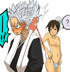 1boy 1girls bikini bleach blue_eyes blush brown_eyes brown_hair female hair_bun hinamori_momo nosebleed silver_hair tagme topless toshiro_hitsugaya