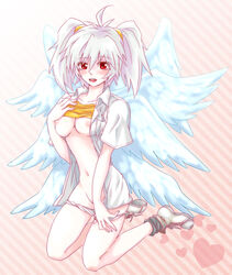 1girls angel angel_(evangelion) angel_wings artist_request blush clothing curvy female genderswap_(mtf) grey_hair hips humanoid kaworu_nagisa large_breasts long_hair medium_breasts neon_genesis_evangelion nipples open_clothes pale-skinned_female pale_skin panties panty_pull red_eyes rule_63 shirt slender_waist solo tabris-xx twintails undressing wings