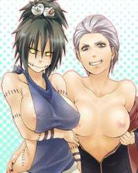 2girls black_hair breasts female female_only genderswap_(mtf) glasgow_smile grin hidan huge_breasts kakuzu mudagedamu multiple_girls naruto naruto_shippuden nipple_slip nipples rule_63 scar sewn_up smile stitches white_hair