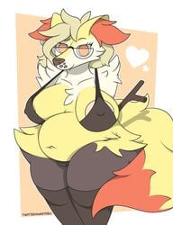 anthro braixen clothing eyewear fat female footwear glasses lingerie makydeli_(artist) nintendo orange_eyes overweight pokémon_(species) pokemon pokemon_(species) slightly_chubby socks solo video_games