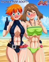 2021 2girls abs artist_name beach big_breasts bikini blue_eyes blush breasts brown_hair cleavage english_text exclamation_point female game_freak green_eyes hand_on_hip hourglass_figure legs looking_at_viewer may_(pokemon) misty_(pokemon) misty_(pokemon_hgss) misty_(the_electric_tale_of_pikachu) muscular_female nintendo one-piece_swimsuit open_mouth orange_hair pk-studios pokéball pokémon pokeball_belt pokemon pokemon_hgss pokemon_rgby pokemon_rse short_hair short_orange_hair swimsuit text the_electric_tale_of_pikachu thick_thighs thighs tomboy toned tongue_out wet wink winking_at_viewer