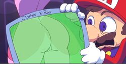 1boy1girl 3rd_party_edit 4_fingers ass blue_eyes butt edit egoraptor_(artist) english_text female gloves male mario mario_(series) moustache nintendo pink_dress princess_peach princess_peach_(starbomb) see-through_panties shocked_expression starbomb text white_gloves xray xray_view