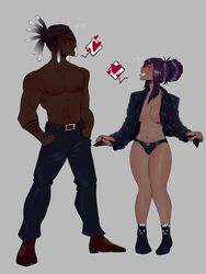 bangs black_panties breasts cleavage dark-skinned_male dark_skin hair_bun hairlocs height_chart highres kinjero large_breasts long_hair looking_at_another md5_mismatch multicolored_hair muscular muscular_male nipple_slip nipples no_bra no_pants open_clothes open_shirt orange_eyes original panties purple_hair red_eyes ribbon shirtless sidelocks simple_background socks speech_bubble tattoo teasing tongue tongue_out two-tone_hair underwear