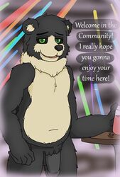 absurd_res anthro beverage black_body black_fur black_sclera darknetic digital_media_(artwork) english_text fluffy fog foreskin fur furniture furry genitals green_eyes happy hi_res kuma_(darknetic) lights looking_at_viewer male mammal neck_tuft nude open_mouth party penis simple_background slightly_chubby smile solo table text tongue tuft uncut ursid yellow_body yellow_fur