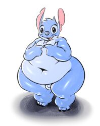 2021 alien anthro anthrofied balls black_eyes blue_body blue_fur blue_nose disney experiment_(lilo_and_stitch) fat fur genitals hi_res hyper lilo_and_stitch male male_only notched_ear obese obese_anthro open_mouth open_smile overweight overweight_anthro overweight_male penis shy small_penis smile solo standing stitch thick_thighs trashdrawy