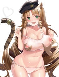 1boy 1girls animal_ear_fluff animal_ears areolae arknights ass_visible_through_thighs bare_shoulders beret big_breasts blush bra breast_grab breasts brown_hair cameltoe collarbone cute cute_fangs dark-skinned_male dark_skin disembodied_hands drill_hair embarrassed fangs green_eyes groping hamachi_kazuki hat heavy_breathing horny huge_breasts large_breasts light-skinned_female light_skin long_hair looking_at_viewer military_hat naughty_face navel nipples nipples_visible_through_clothing nude open_mouth panties partially_clothed see-through see-through_bra see-through_panties shiny_skin side-tie_panties spear_of_slayer sweat swire_(arknights) tail tail_ornament thick_thighs thighs tiger_ears tiger_girl tiger_tail topwear underwear underwear_only very_long_hair voluptuous white_background white_bra wide_hips