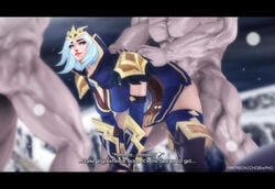 1girls 2boys ashe_(league_of_legends) bend_over_position chobixpho doggy_style english_text female human human_only interracial league_of_legends male male_on_female mmf_threesome straight tagme