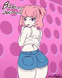 1girls animated ass ass_shake big_ass blush bouncing_ass daisy_dukes doki_doki_literature_club english_text fang fang_out female female_only lewddoodler looking_at_viewer looking_back natsuki_(doki_doki_literature_club) pink_background pink_eyes pink_hair pocket pockets short_jeans solo text twerking