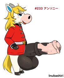 absurd_res animal_crossing animal_genitalia animal_penis big_penis blonde_hair blue_eyes clothing coat colton_(animal_crossing) equid equine equine_penis fur genitals hair hi_res hooved_hands hooves huge_cock inubashiri japanese_text male mammal nintendo penis simple_background text topwear video_games white_body white_fur