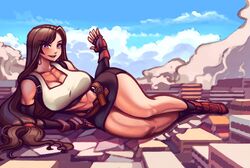 big_breasts black_hair black_skirt brown_eyes destruction final_fantasy final_fantasy_vii final_fantasy_vii_remake gareit0 giantess macro pencil_skirt posing skirt source_request square_enix tagme thick_thighs tifa_lockhart tight_skirt toned toned_female waving_hand wide_hips