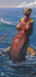 anthro apode black_body black_scales breasts draconcopode eyelashes female genitals hands_behind_back hi_res humanoid_genitalia humanoid_pussy legless naga non-mammal_breasts nude outside partially_submerged pupils pussy red_body red_scales reptile scales scalie sea serpentine shaneinvasion slit_pupils snake solo water wet yellow_eyes