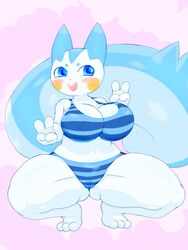 anthro big_breasts bikini blush cyan_eyes game_freak large_breasts nintendo omenyanozero pachirisu pokémon_(species) pokemon posing simple_background squirrel thick_thighs wide_hips