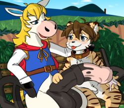 animal_crossing animal_genitalia animal_penis bench big_penis blonde_hair blue_eyes blush bodily_fluids brown_body brown_fur brown_hair bush_(disambiguation) cape clothing collar colton_(animal_crossing) cum cum_in_hand equid equine equine_penis felid flaccid fur genital_fluids genitals hair hi_res hooved_hands hooves huge_cock inubashiri male male/male mammal nintendo one_eye_closed pantherine penis shirt sitting tiger tongue tongue_out topwear video_games white_body white_fur wink