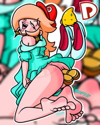 anal_vore anus ass back_view blonde_hair blurry_background blush clothing dp1up dress dress_lift earrings feet female female_pred hi_res high_heels long_hair luma male male_prey mario mario_(series) nintendo princess_rosalina shoes shoes_removed super_mario_galaxy sweatdrop vore