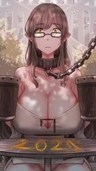 1girls 2021 big_breasts breasts brown_hair chain_leash chained clothing female female_only glasses looking_at_viewer mistimagi mistimagi_(character) original_character solo yellow_eyes