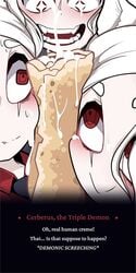 3girls cerberus_(helltaker) crepe dialogue food helltaker red_eyes seecretshy suggestive sweat text white_hair