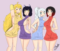 4girls blake_belladonna clothing faunus female female_only human multiple_girls ruby_rose rwby sweater_dress team_rwby virgin_killer_sweater weiss_schnee yang_xiao_long zronku