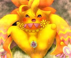 blush bodily_fluids clothing female flower fur genital_fluids genitals kyuubi360 legs_up mammal nopon open_mouth orange_clothing plant pussy pussy_juice solo spread_legs spreading tears video_games xenoblade_(series) xenoblade_chronicles yellow_body yellow_fur