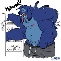 2021 4_arms alien antennae_(anatomy) anthro anthrofied back_markings back_spines belly blue_body blue_fur blue_nose bottomwear closed_eyes clothed clothing dipstick_antennae disney ear_piercing experiment_(lilo_and_stitch) flaccid food fridge fur genitals hi_res kamudragon lilo_and_stitch male male_only markings multi_arm multi_limb multicolored_antennae navel nipples onomatopoeia open_mouth overweight overweight_anthro overweight_male partially_clothed penis penis_base piercing pink_nipples sci-fi science_fiction scifi scratching shorts shorts_down simple_background solo solo_male sound_effects stitch text url white_background yawn