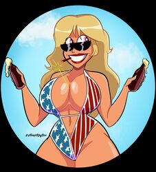 1girls 4th_of_july alternate_version_available american american_flag american_flag_bikini artist_name atomickingboo bikini blonde_hair bottle breasts busty cigarette cleavage commission drink eyewear female female_only glasses hourglass_figure light-skinned_female light_skin lips looking_over_eyewear looking_over_glasses national_personification one-piece_swimsuit original original_character pink_eyes smile smoking solo sunglasses swimsuit teeth tinted_eyewear united_states_of_america upper_body usa voluptuous watermark