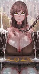 1girls big_breasts breasts brown_hair chain_leash chained clothing cum_in_container female female_only fluid_on_breasts fluids glasses holding_object hypnosis looking_at_viewer mistimagi mistimagi_(character) sitting solo yellow_eyes