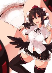 black_hair kagami_toufu miniskirt navel panties pointy_ears red_eyes shameimaru_aya spread_legs standing tagme thighhighs touhou white_panties wings