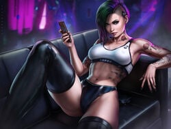 1girls abs black_panties breasts cd_projekt_red cellphone cleavage couch cyberpunk_2077 dandon_fuga female female_only hourglass_figure judy_alvarez looking_at_viewer medium_breasts panties pinup sitting smile solo sports_bra tattoo thighhighs