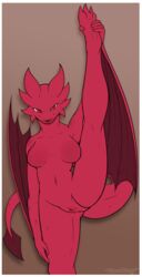 2020 absurd_res anthro bedroom_eyes border breasts dragon female flexible genitals hi_res horn leg_grab narrowed_eyes navel novah_ikaro one_leg_up orange_eyes presenting presenting_pussy pussy raised_leg red_body red_scales scales scalie seductive solo spade_tail splits spread_legs spreading standing vertical_splits viscera_maderi_(character) white_border winged_arms wings